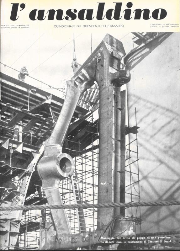 Copertina- Montaggio in petroliera, L' Ansaldino, n.19, anno VI, 1959