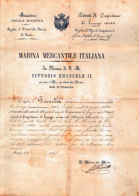 Antonio Porcella - conferimento titolo di Capitano di lungo corso da parte della Marina Mercantile Italiana