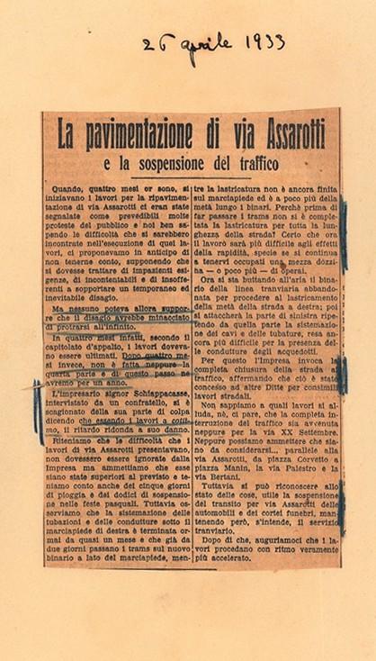 Articolo giornalistico riguardo i lavori della  nuova pavimentazione di Via Assarotti