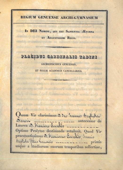 Laurea in Giurisprudenza di Francesco Ansaldo, 01-08-1845, p. 1