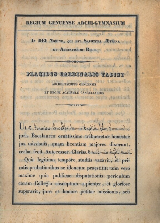 Baccalaurea in Giurisprudenza di Francesco Ansaldo, 24-07-1844, p. 1