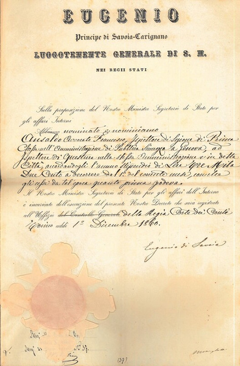 Nomina di Francesco Ansaldo a Ispettore di Questura, 01-12-1860