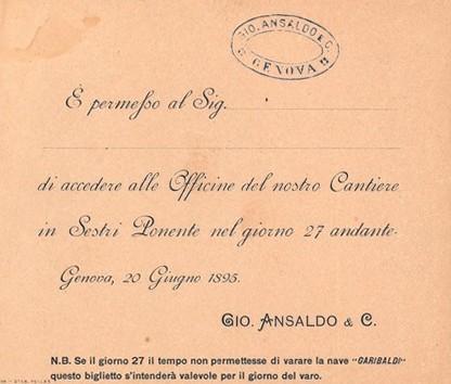 Permesso per accesso alle officine del cantiere di Sestri Ponente o al varo del "Garibaldi"