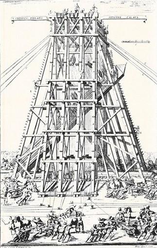 L'obelisco vaticano viene innalzato dagli uomini dell'architetto Fontana (dai "Castelli e ponti di mastro Zabaglia", 1743) - p. 60