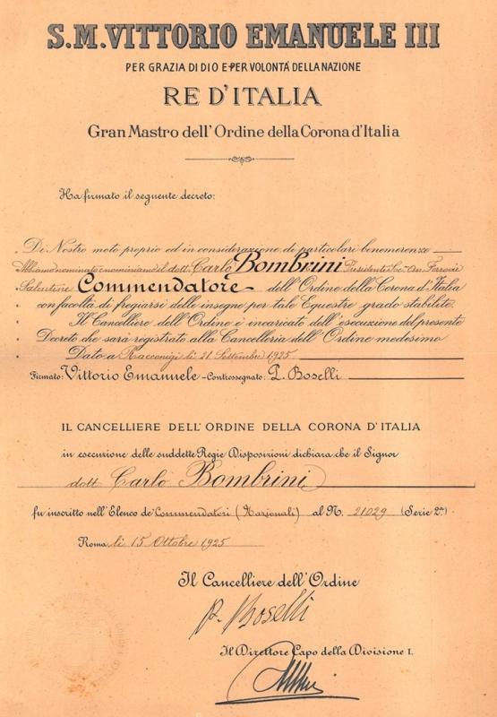 Nomina a Commendatore dell'Ordine della Corona d'Italia