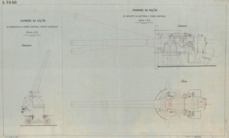 Cannone da 102/35 -  Insieme del cannone su piedistallo  Cannone da 152/45 - Insieme del cannone su affusto