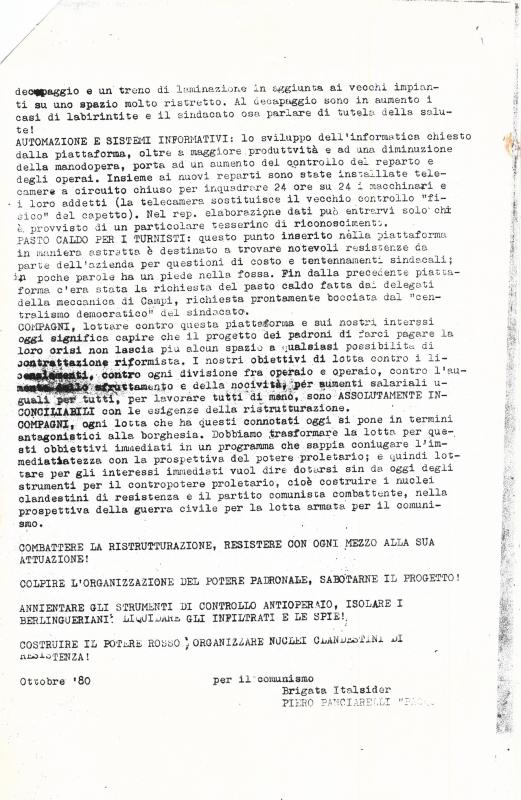 Rivendicazione delle Brigate Rosse dell'attentato a Riccardo Roncan, ottobre 1980 - quarta parte