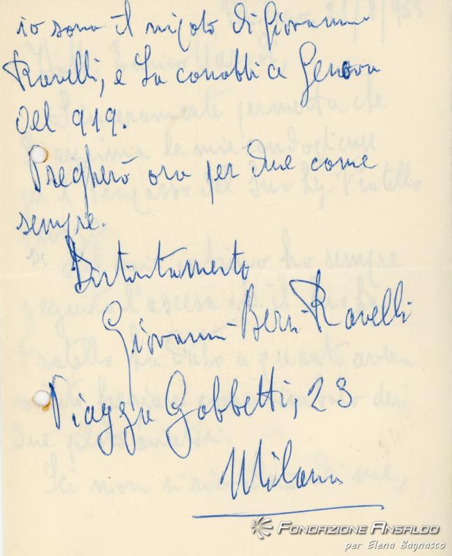 Lettera di Giovanni Benzi Ravelli, 21/08/1955 - retro
