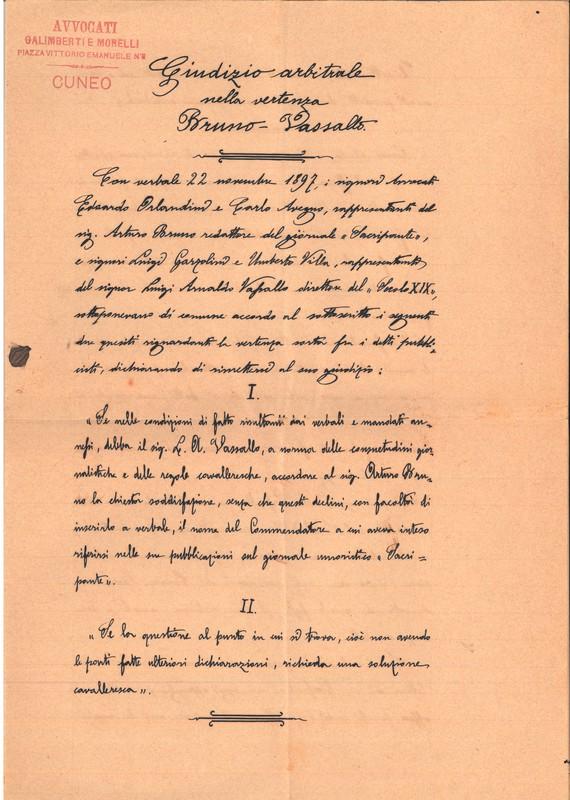 Vertenza tra Arturo Bruno e Luigi Arnaldo Vassallo