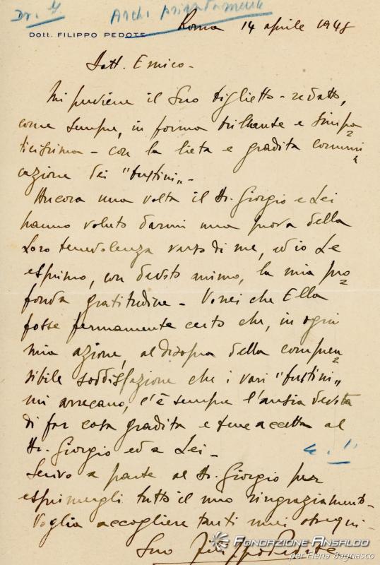 Lettera di Filippo Pedote a Enrico Parodi - 14 aprile 1948