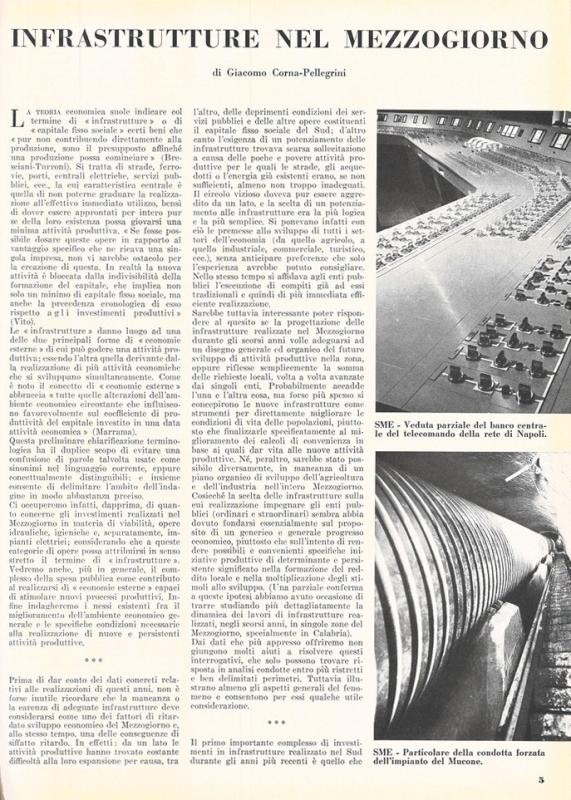 Infrastrutture nel Mezzogiorno, di Giacomo Corna-Pellegrini, marzo  -giugno 1959, anno VII, nn. 2-3, p. 5