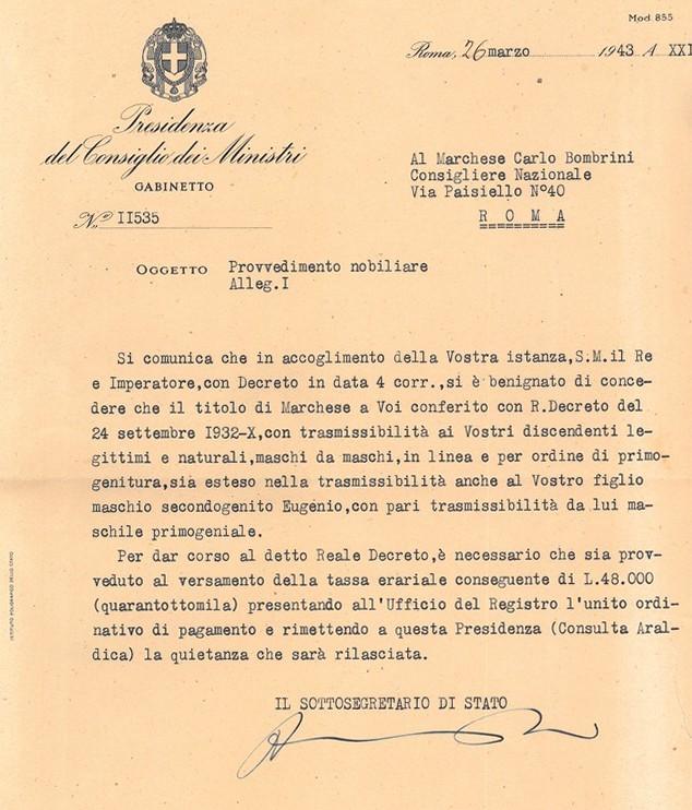 Provvedimento nobiliare inerente la trasmissibilità del titolo ai discendenti