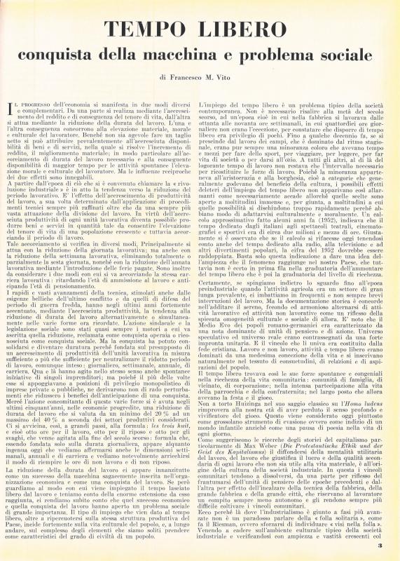 Tempo libero conquista della macchina e problema sociale, di Francesco Maria Vito, settembre - ottobre 1959, anno VII, n. 5, p. 3
