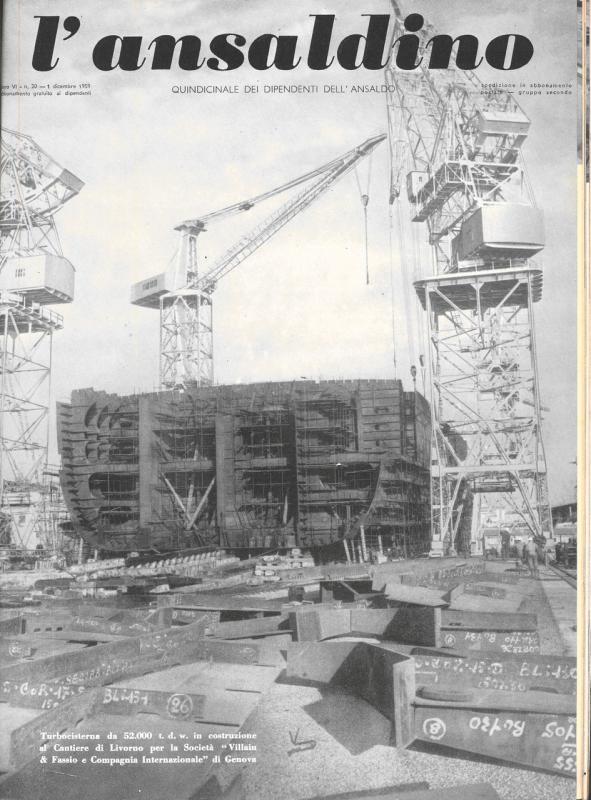 Copertina- Turbocisterna in costruzione a Livorno, L' Ansaldino, n. 20, anno VI, 1959
