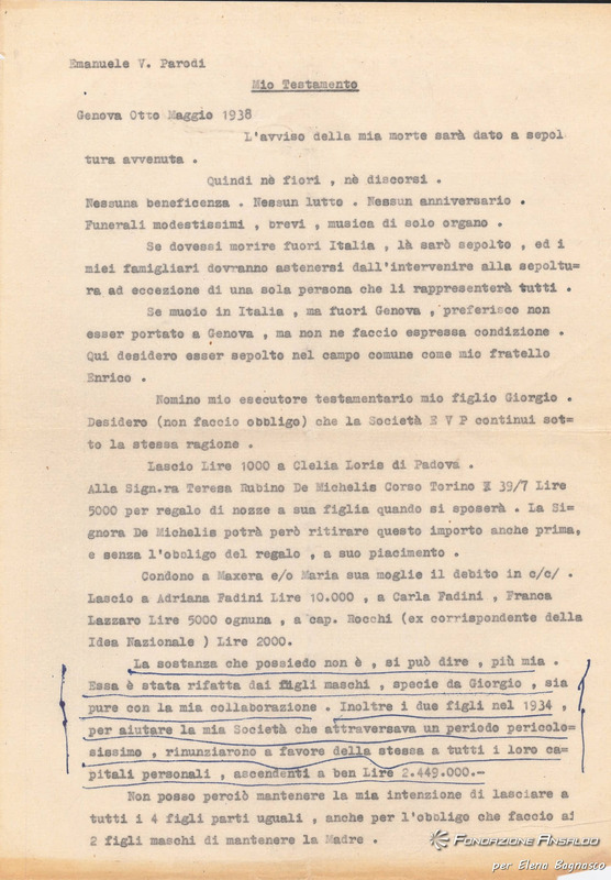 Emanuele Vittorio Parodi - Testamento
