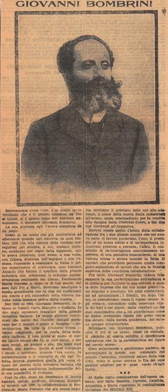 Articolo di giornale sulla morte di Giovanni Bombrini