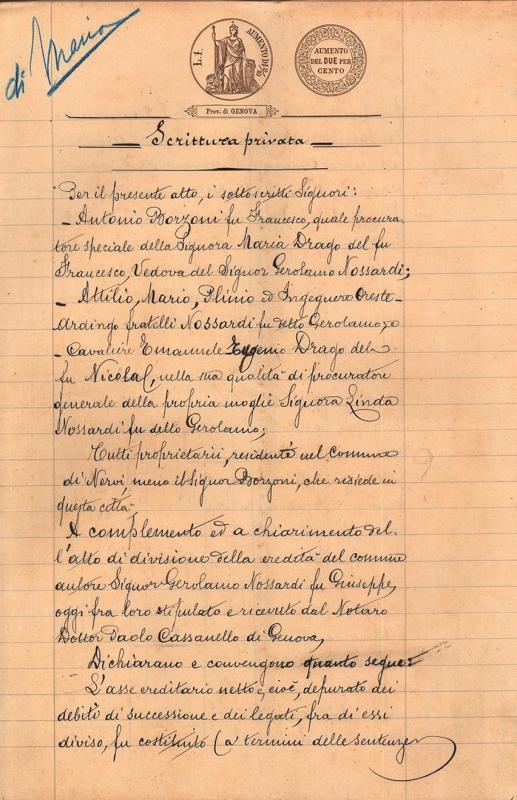 Scrittura privata a complemento della divisione delle eredità di Gerolamo Nossardi, 20 marzo 1913