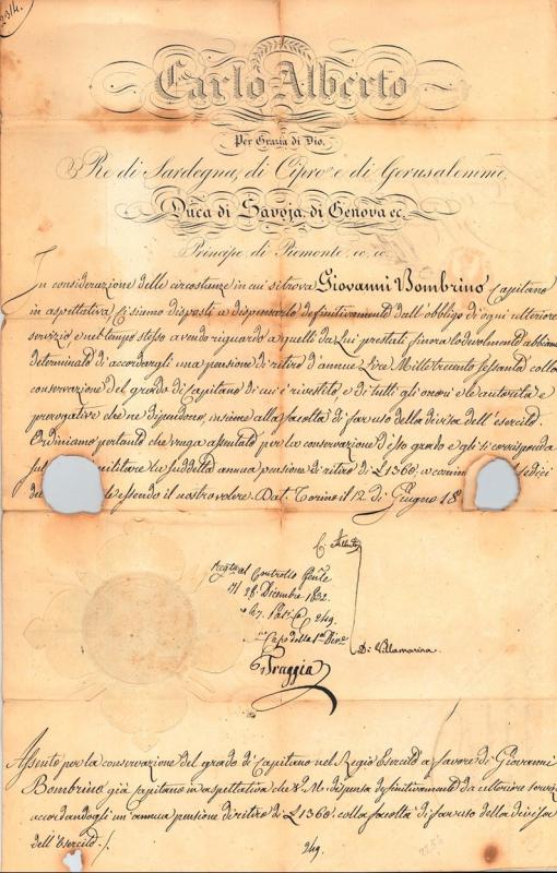 Congedo dal Regio Esercito e attribuzione di una pensione; 1833