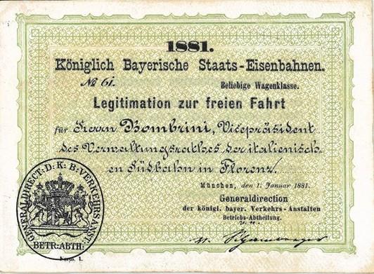 Carta ferroviaria per libera circolazione in Baviera Koeniglich Bayerische Staats - Eisenbahnen