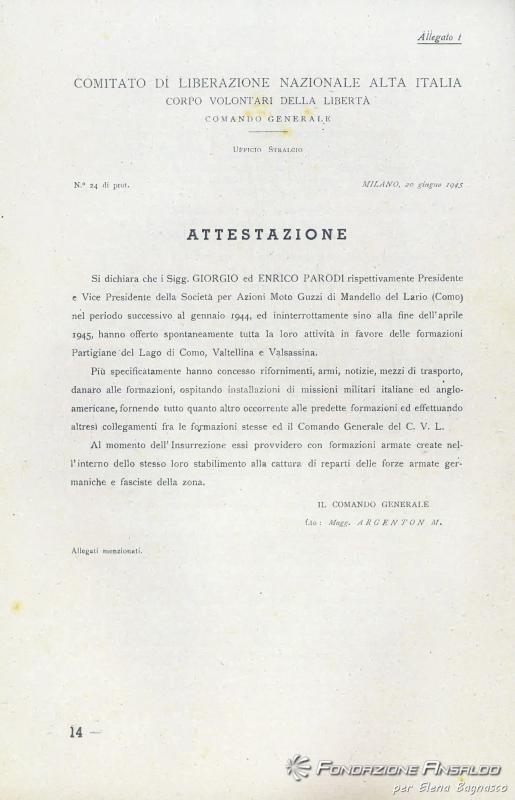 Attestazione del Maggiore Argenton M. 20 luglio 1945