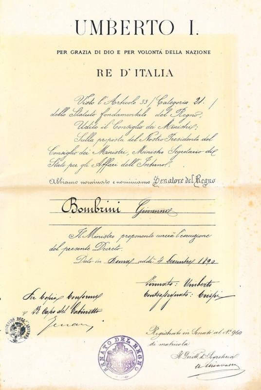 Nomina a Senatore del Regno di Giovanni Bombrini