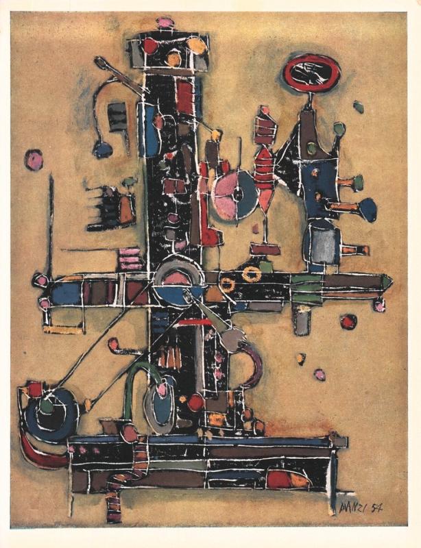 Una tavola di Riccardo Manzi raffigurante una dentatrice dell'officina meccanica INM, fabbricante del Paperino e del Baio,  luglio 1954, anno II, n. 4 - p. 33