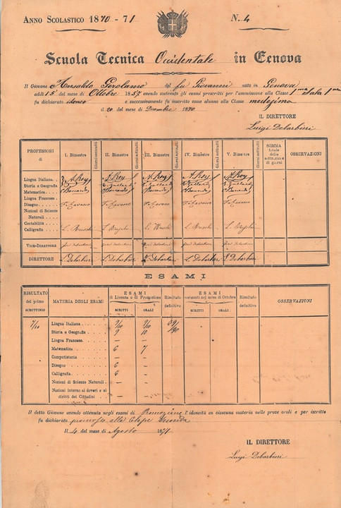 &quot;Carta d&#039;ammissione alla scuola tecnica occidentale di Genova&quot;