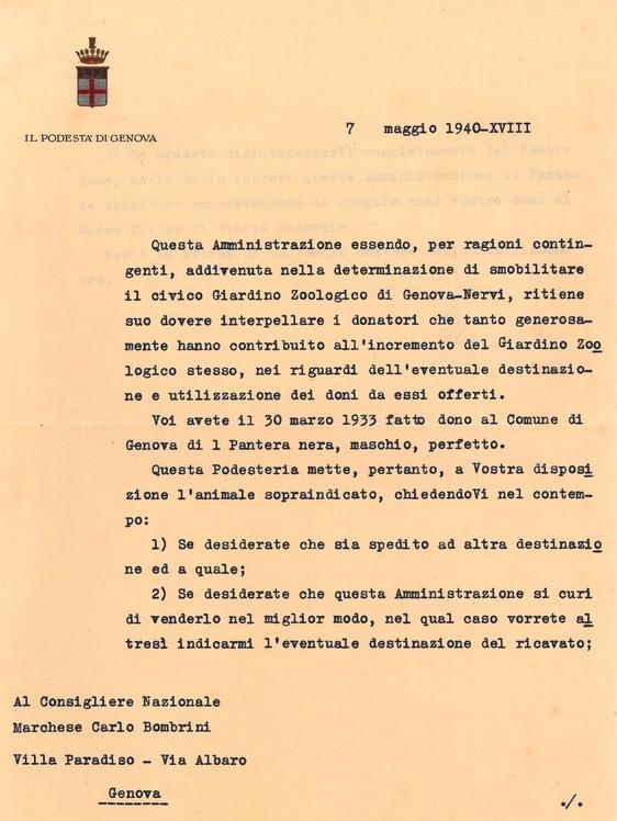 Spostamento del giardino zoologico di Genova Nervi - fronte