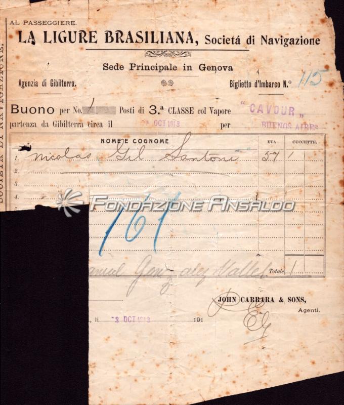 Cavour (s/s) - titolo di viaggio da Gibilterra a Buenos Aires a bordo del piroscafo Cavour