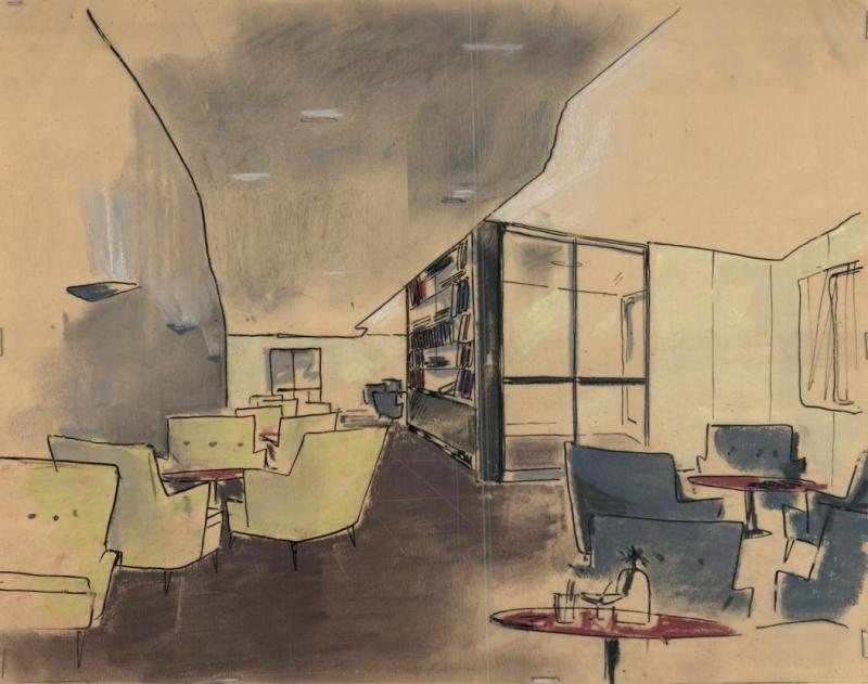 Disegno a gessetto e matita della prospettiva di studio della sala di soggiorno di seconda classe