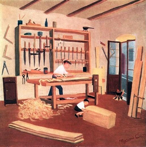 La bottega del falegname Feliciani, in Via dei Gesuiti a Spoleto, vista dal pittore Marino Ceccarelli, maggio - giugno 1956, anno IV, n. 3 - p. 34
