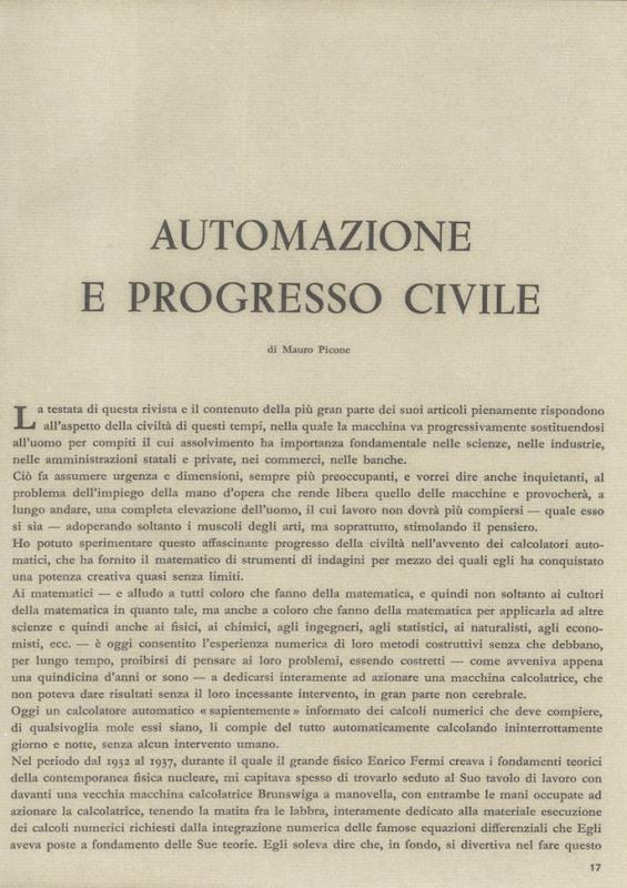 Automazione e progresso civile - di Mauro Picone, novembre - dicembre 1961, anno IX, n. 6, p. 17