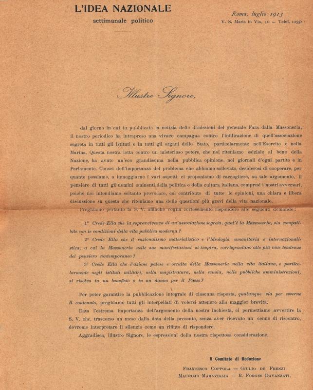 Articolo del settimanale politico  "La Nazione" riguardo la massoneria