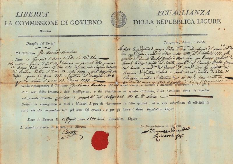 Nomina a Capitano del 2° Battaglione di linea; 1800