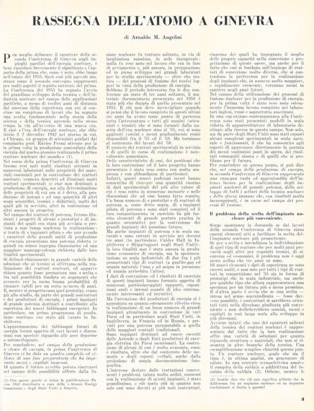 Rassegna dell'atomo a Ginevra, di Arnaldo Maria Angelini, novembre - dicembre 1958, anno VI, n. 6, p. 3