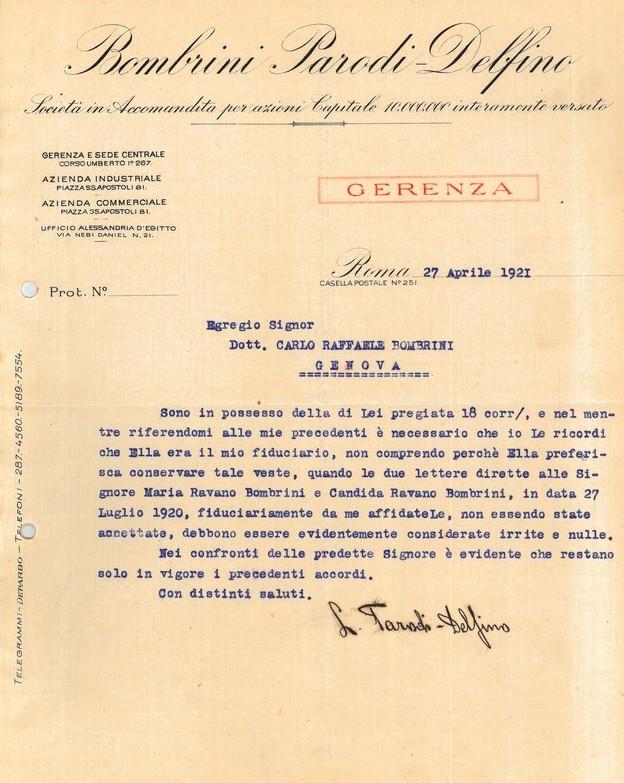 Lettera di Lorenzo Parodi Delfino a Bombrini riguardo alcuni affari