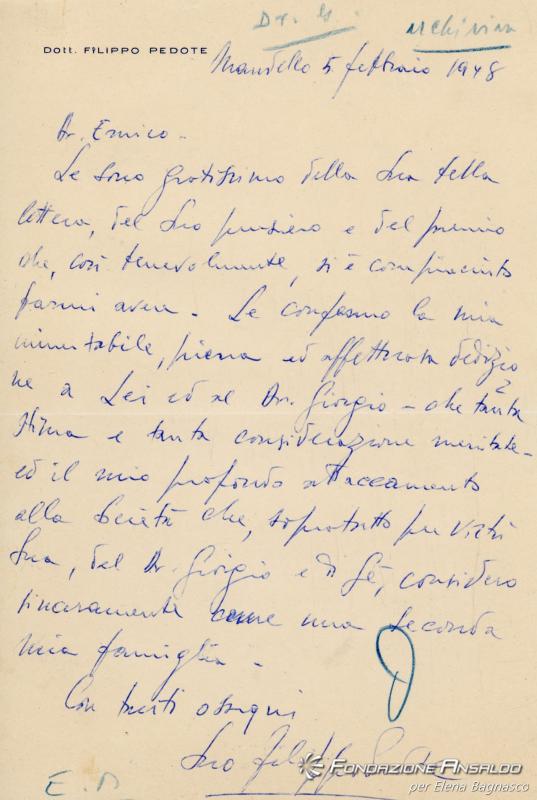 Lettera di Filippo Pedote a Enrico Parodi - 5 febbraio 1948