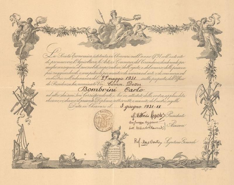 Promozione di Carlo Bombrini all'interno della Società agricola e del commercio di Chiavari