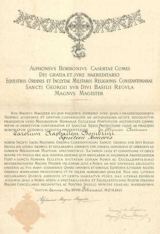 Diploma concernente la nomina a cavaliere d'onore del Sacro militare Ordine Costantiniano di San Giorgio