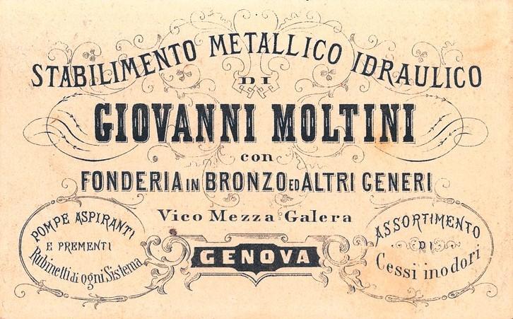 Biglietto da visita Giovanni Moltini - Stabilimento metallico idraulico con fonderia in bronzo e altri generi - fronte