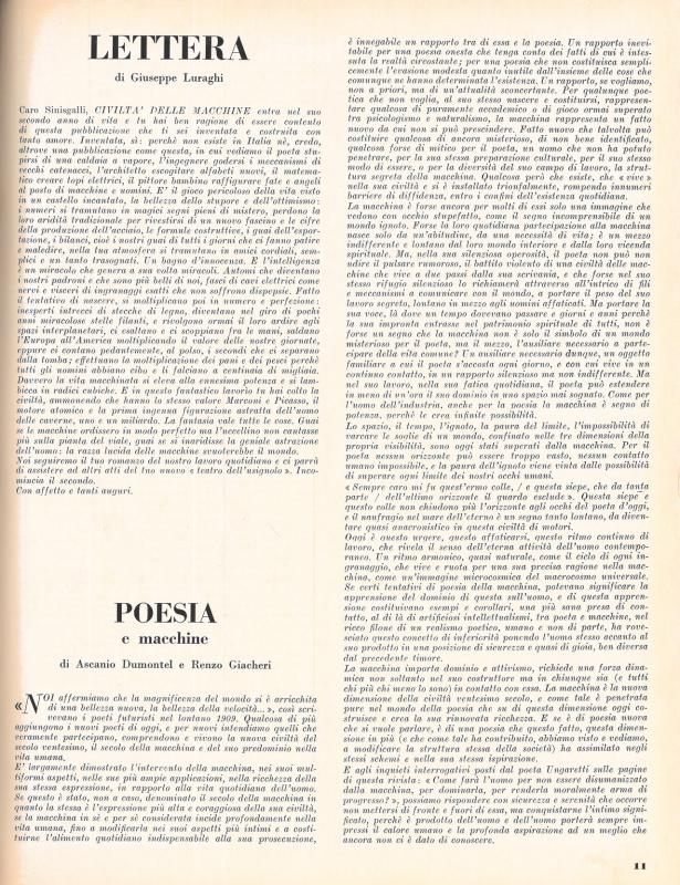 Editoriale di Giuseppe Luraghi - poesia e macchine di Ascanio Dumontel e Renzo Giacheri,  gennaio 1954, anno II, n. 1 - p. 11
