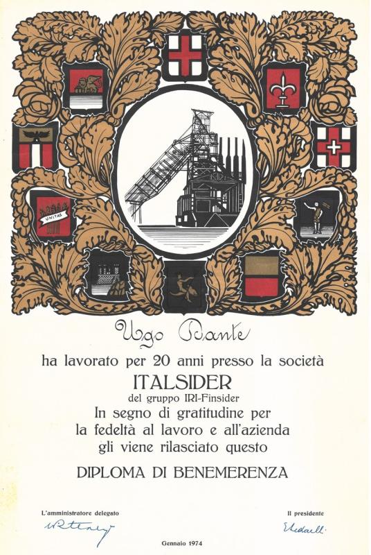Ugo Dante - Diploma di benemerenza Italsider