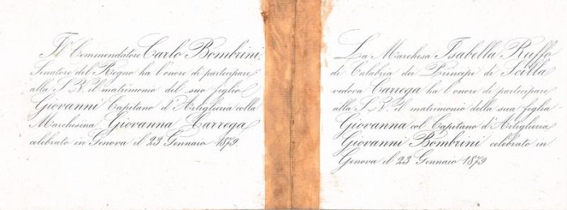 Partecipazioni al matrimonio tra Giovanni Bombrini e Giovanna Carrega, 1879