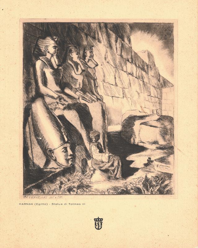 Copertina - illustrazione di U.C. Veneziani raffigurante la statua di Totmes III a Karnak (Egitto)