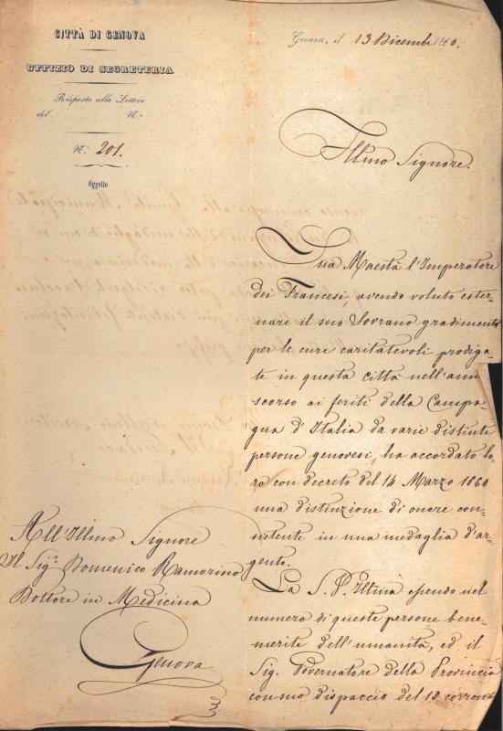 Distinzione d'onore per Domenico Ramorino, 13-12-1860, p. 1