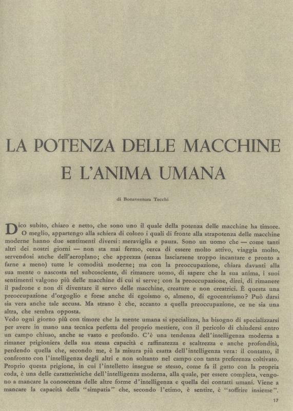 La potenza delle macchine e l'anima umana - di Bonaventura Tecchi, luglio - agosto 1962, anno X, n. 4, p. 17
