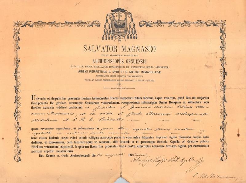 Documento inerente l'esposizione delle ceneri di San Francesco e la veste di San Carlo Borromeo