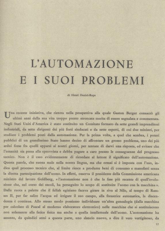 L'automazione e i suoi problemi - di Henri Daniel-Rops, maggio - giugno 1962, anno X, n. 3, p. 17