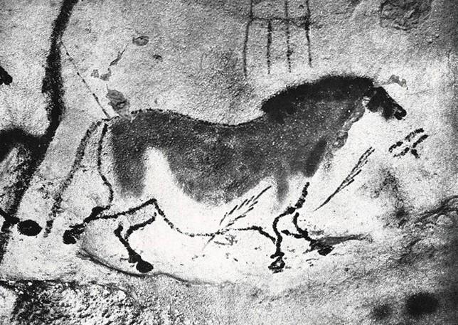 Cavallo dipinto in nero e giallo di età paleolitica circondato da frecce nella grotta di Lascaux (Dordogna), settembre - ottobre 1962, anno X, n. 5, p. 26