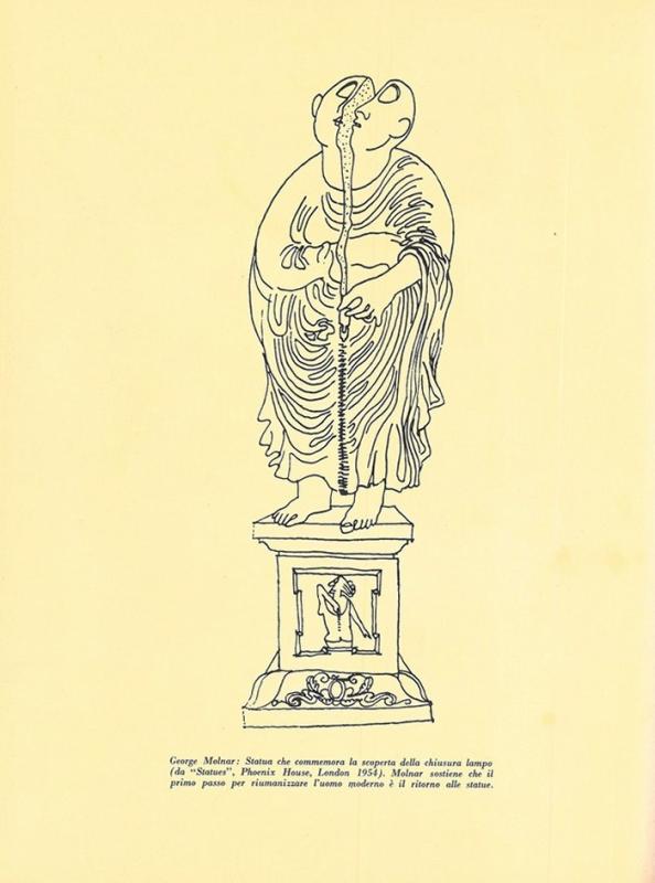 Seconda di copertina - "Statua che commemora la scoperta della chiusura lampo" di George Molnar - marzo 1955, anno III, n. 2